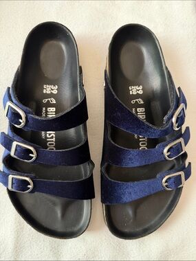 Birkenstock Florida Fresh Triple Strap Navy Blue Velvet Slide Sandals